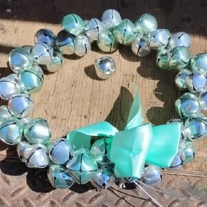 Silver and Aqua Jingle Bells Metal Wreath with Aqua Ribbon